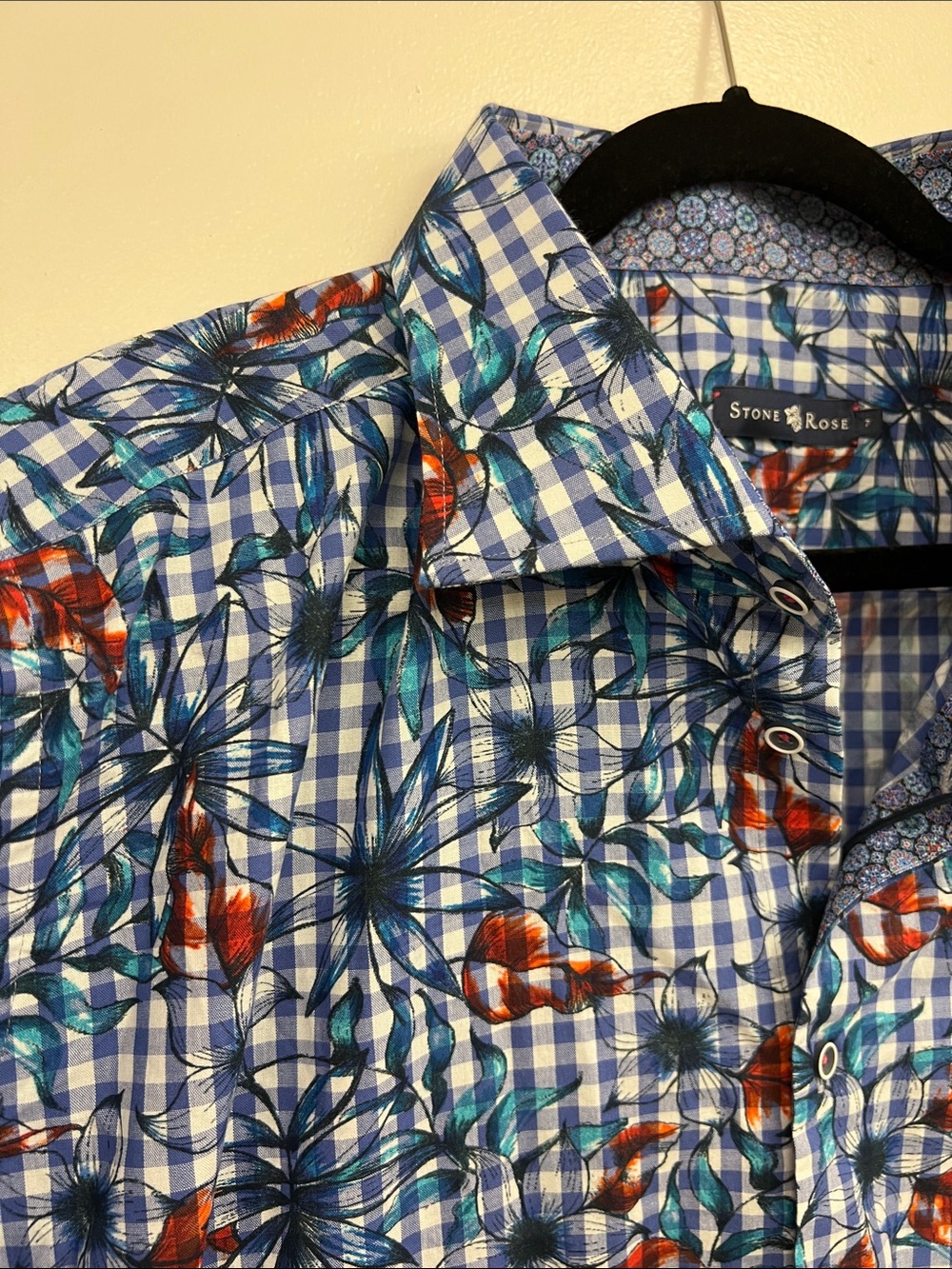 Stone Rose White Blue Plaid Floral Short-Sleeve Button-Up Shirt Men 2XL NEW
